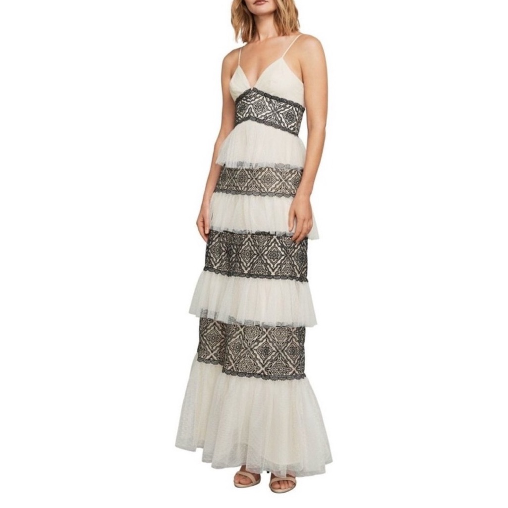 Bcbgmaxazria White Cream Tiered Ruffled Maxi Dress